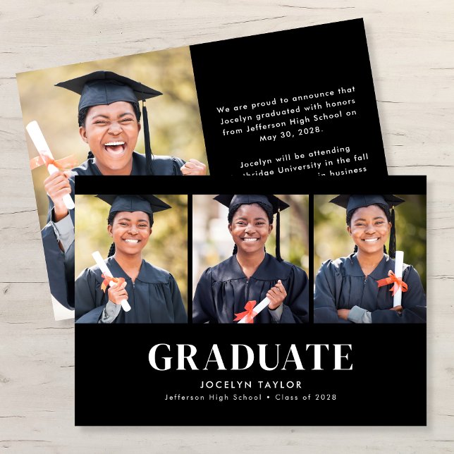 Modern Graduate Elegant Black 4 Photo Graduation Announcement (Creator Uploaded)