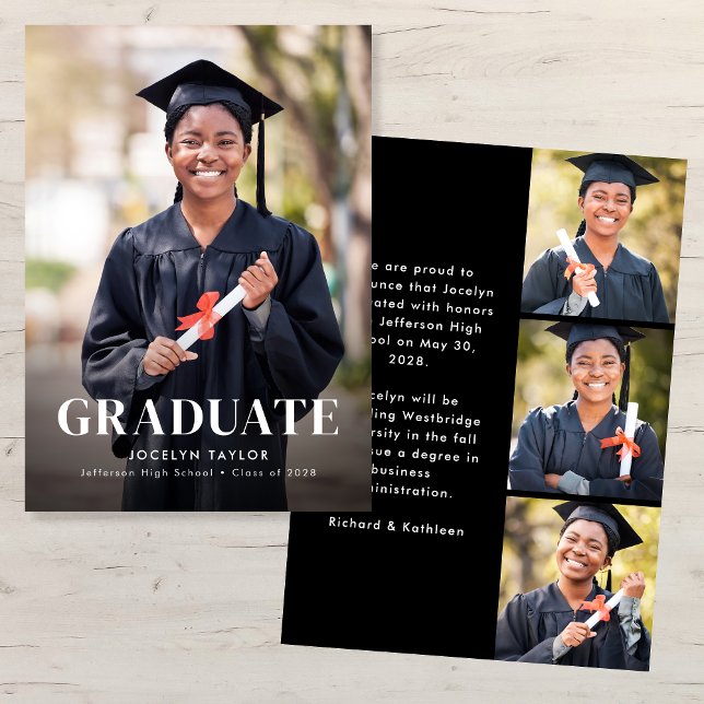 Modern Graduate Elegant Black 4 Photo Graduation Announcement (Creator Uploaded)