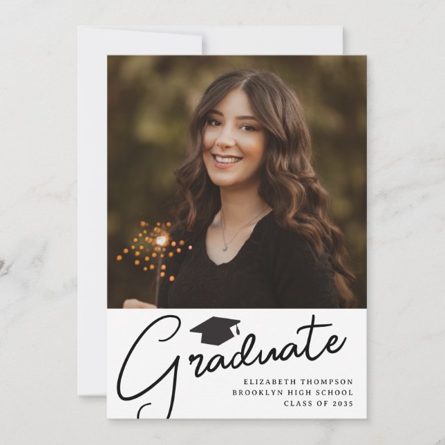 Modern GRADUATE Formal Script Cap Photo Graduation Announcement (Front)