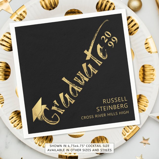 Modern Graduate Gold Brushstroke Name Black Napkin (Creator Uploaded)
