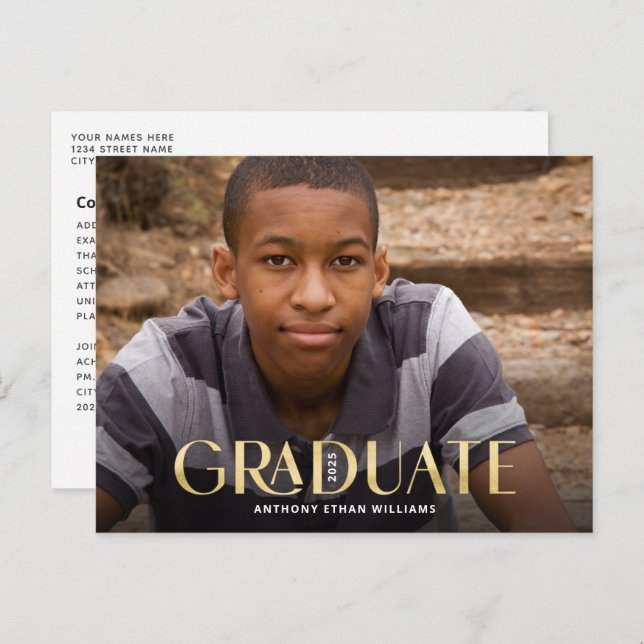 Modern Graduate Gold Overlay Photo Graduation Postcard (Front/Back)