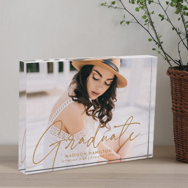 Modern Graduate Gold Script Graduation Photo Block (Creator Uploaded)