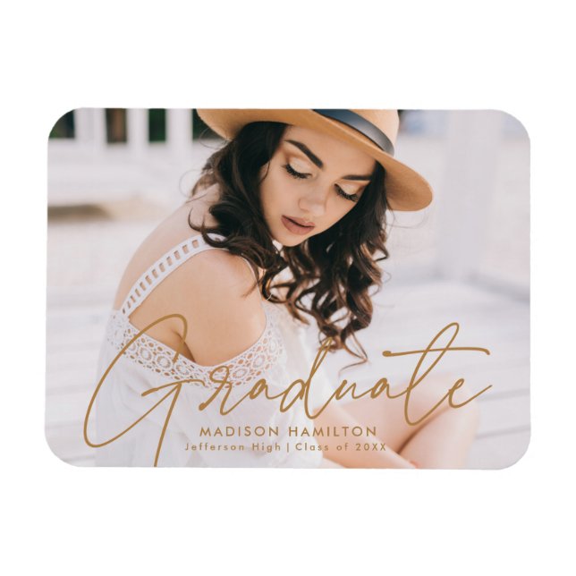 Modern Graduate Gold Script Photo Graduation Magnet (Horizontal)