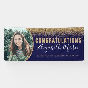 Modern Graduate Grad Photo Navy Blue Gold Glitter Banner