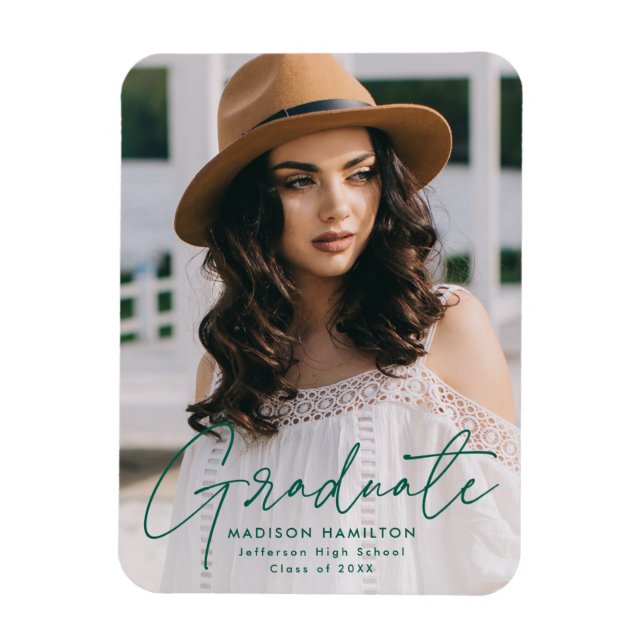Modern Graduate Green Script Photo Graduation Magnet (Vertical)