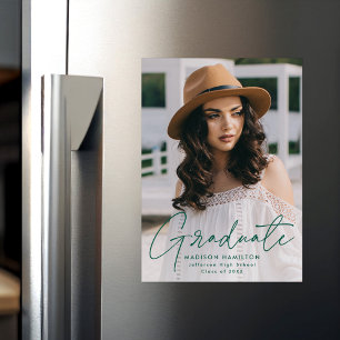 Modern Graduate Green Script Photo Magnetic Invitation