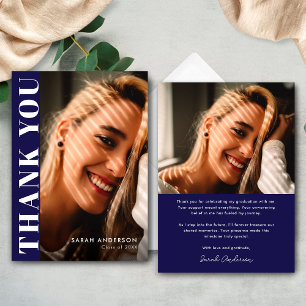 Modern Graduate Navy Blue White Photo Graduation Thank You Card