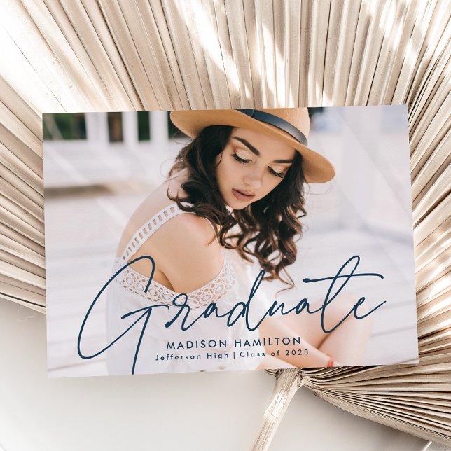 Modern Graduate Navy Script Photo Graduation Announcement (Creator Uploaded)