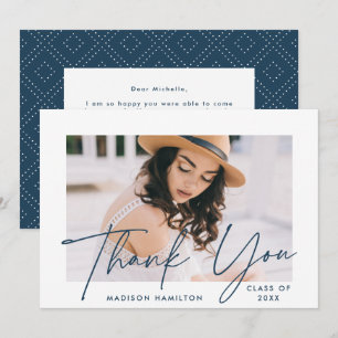 Modern Graduate Navy Script Photo Graduation Thank You Card