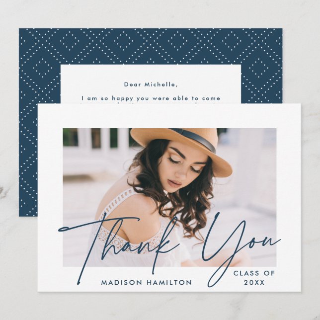 Modern Graduate Navy Script Photo Graduation Thank You Card (Front/Back)