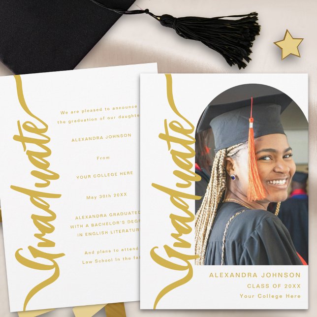 Modern Graduate Photo Arch Announcement (Elegant arch photo gold script graduation announcement card Modern stylish chic)