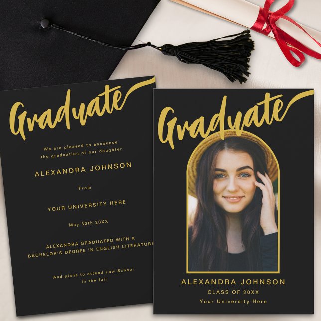 Modern Graduate Photo Arch Black and Gold Script Announcement (Minimalist black & gold elegant calligraphy script graduate photo arch Graduation announcement card )