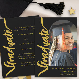 Modern Graduate Photo Arch Black Gold Script Announcement