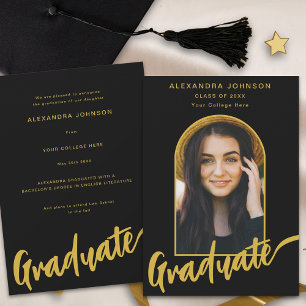 Modern Graduate Photo Arch Gold Script Black Announcement