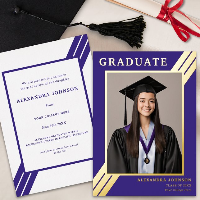 Modern Graduate Photo Blue and Gold (Modern Bold blue and gold foil stripes graduate photo Graduation announcement card)