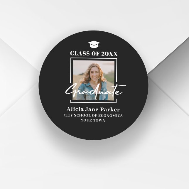 Modern graduate photo class of 2025 black classic round sticker (Creator Uploaded)