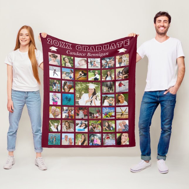 Modern Graduate Photo Collage Maroon Fleece Blanket (In Situ)