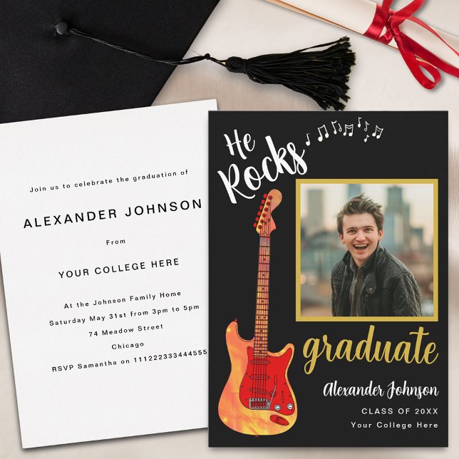 Modern Graduate Photo Cool Music Graduation Party Invitation (Modern graduate photo cool flame electric guitar music Graduation party invitation)