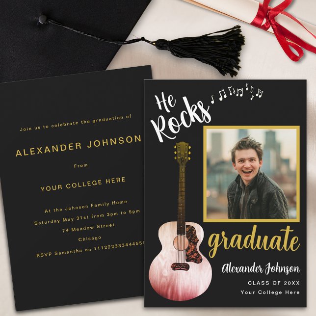 Modern Graduate Photo Cool Music Graduation Party Invitation (Cool country music rustic guitar black and gold graduation party invitation with graduate photo )