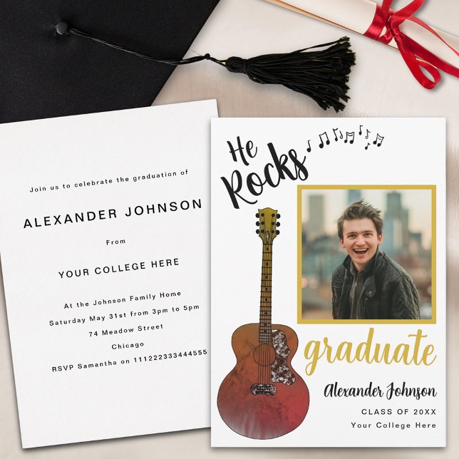 Modern Graduate Photo Cool Music Graduation Party Invitation (Modern graduate photo country music rustic guitar Graduation party invitation)