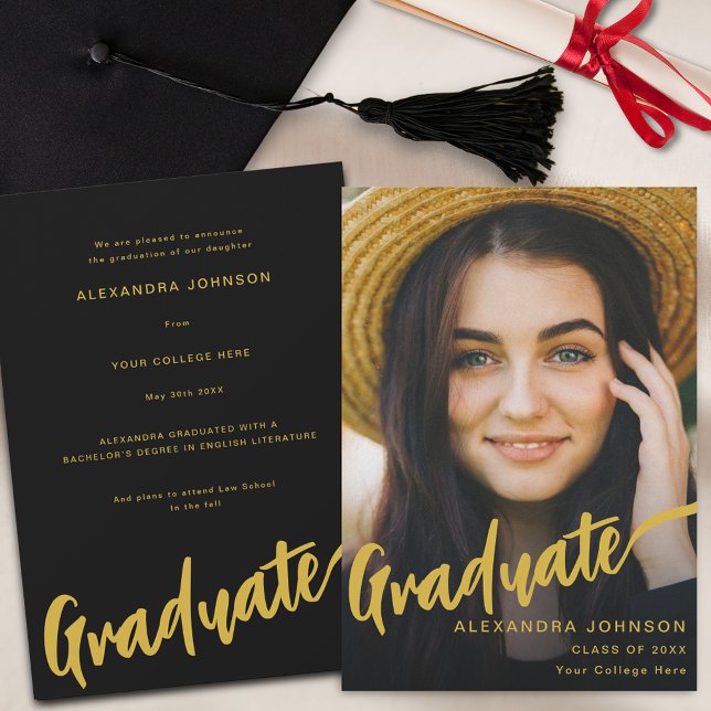 Modern Graduate Photo Gold Script Black  Announcement (Minimalist graduate photo elegant gold script black graduation announcement card)