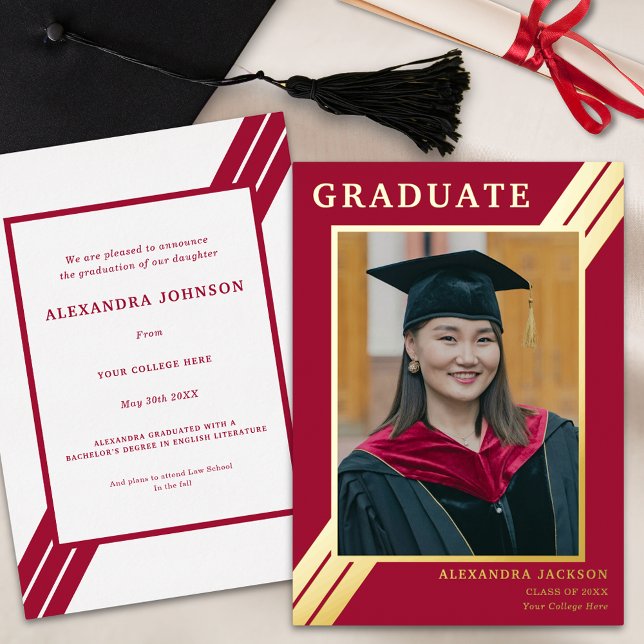 Modern Graduate Photo Red Gold (Modern graduate photo template crimson red and gold foil bold stripes graduation announcement card)