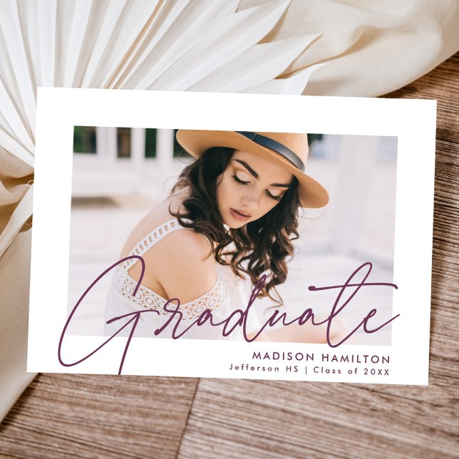 Modern Graduate Purple Script Photo Graduation Announcement (Creator Uploaded)