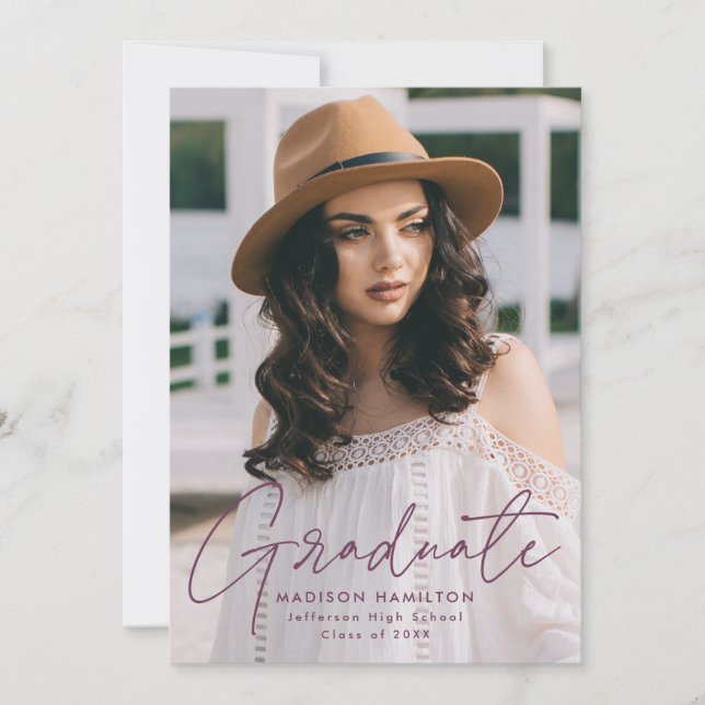 Modern Graduate Purple Script Photo Graduation Announcement (Front)