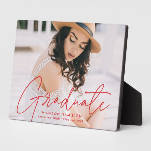 Modern Graduate Red Script Graduation Photo Plaque