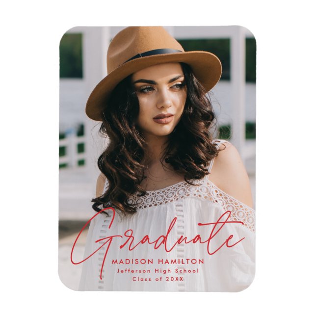 Modern Graduate Red Script Photo Graduation Magnet (Vertical)