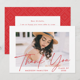 Modern Graduate Red Script Photo Graduation Thank You Card