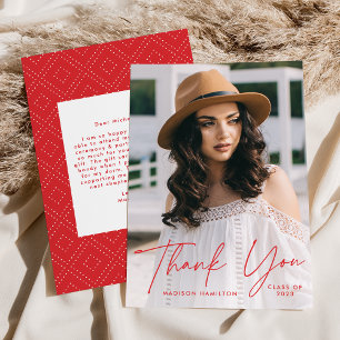Modern Graduate Red Script Photo Graduation Thank You Card