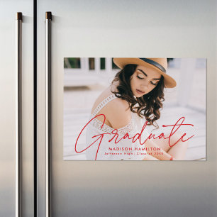 Modern Graduate Red Script Photo Magnetic Invitation