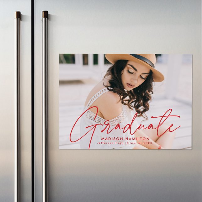 Modern Graduate Red Script Photo Magnetic Invitation (Creator Uploaded)
