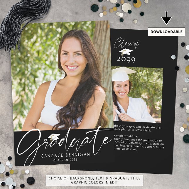 Modern Graduate Script 2 Photos Black White Announcement (Creator Uploaded)