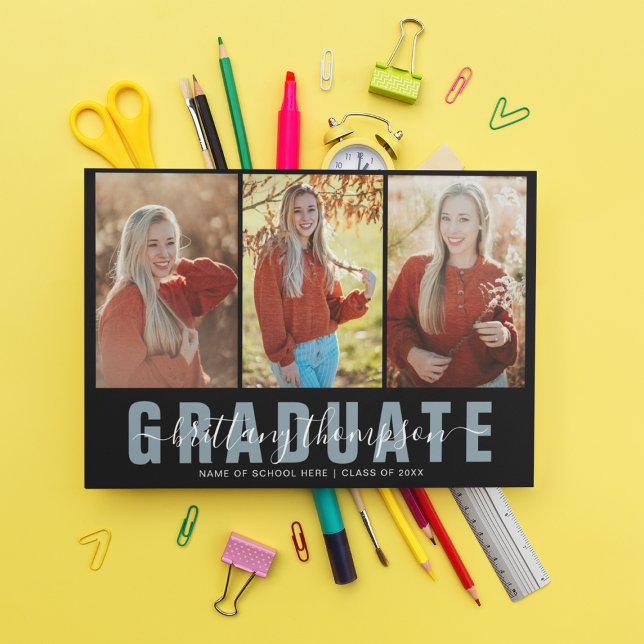 Modern Graduate Script 3 Photo Collage Graduation  Announcement (Creator Uploaded)