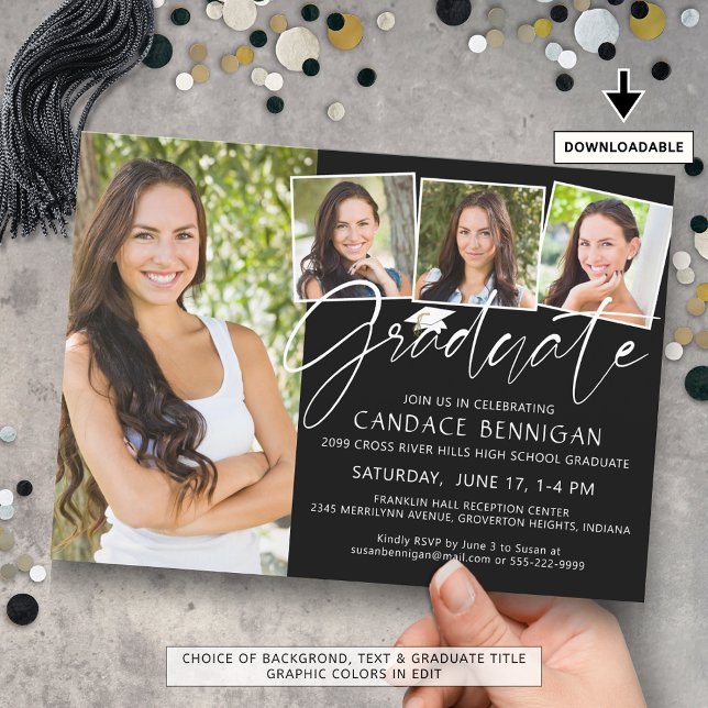 Modern Graduate Script 4 Photos Black White Invitation (Creator Uploaded)