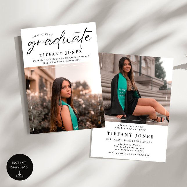 Modern Graduate Script  Photo Graduation Party Announcement (Creator Uploaded)
