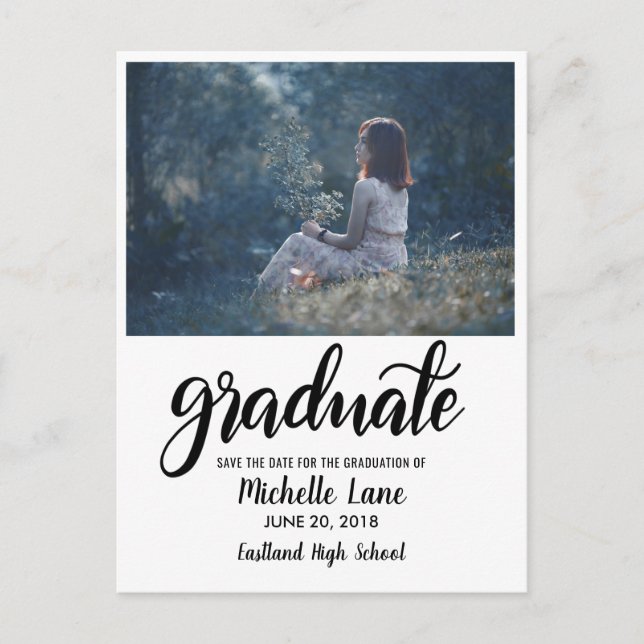 Modern Graduate Script Save The Date Photo Postcard (Front)