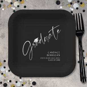Modern Graduate Script White Cap Black Paper Plate