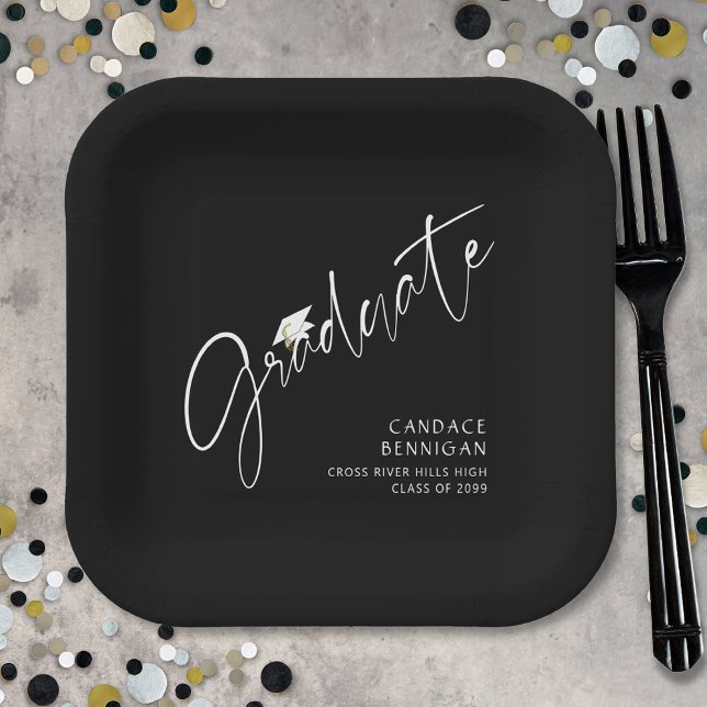 Modern Graduate Script White Cap Black Paper Plate (Creator Uploaded)