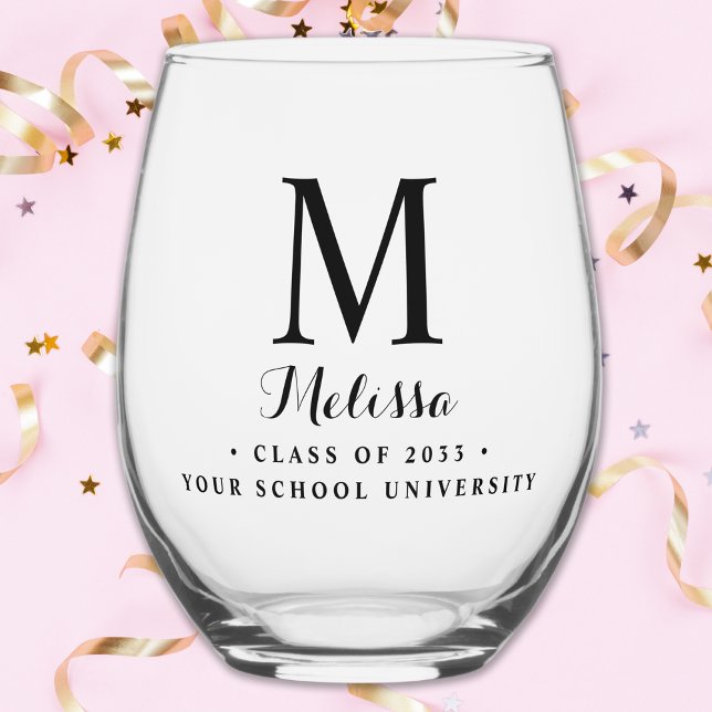 Modern Graduate Simple Custom Monogram Graduation Stemless Wine Glass (Creator Uploaded)
