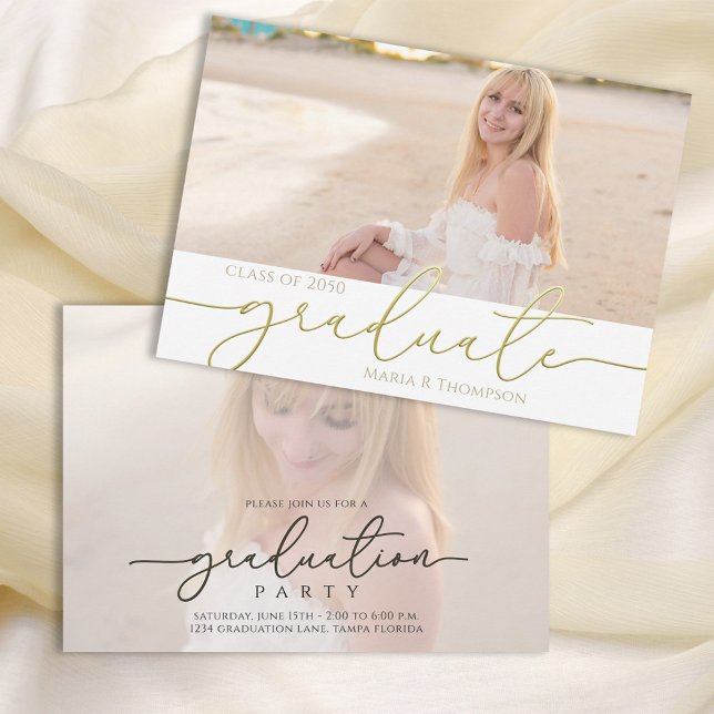 Modern Graduate Simple Elegant Gold Two Photo Invitation (Creator Uploaded)