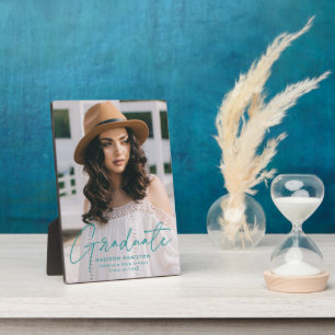 Modern Graduate Teal Script Graduation Photo Plaque