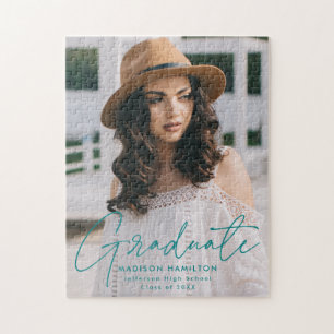 Modern Graduate Teal Script Photo Graduation Jigsaw Puzzle