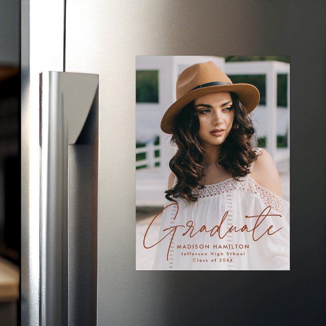 Modern Graduate Terracotta Brown Script Photo Magnetic Invitation (Creator Uploaded)