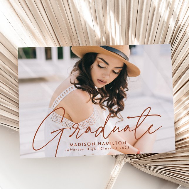 Modern Graduate Terracotta Script Photo Graduation Announcement (Creator Uploaded)