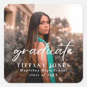 Modern Graduate White Script 2 Photo Graduation   Square Sticker