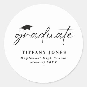 Modern Graduate White Script 4 Photos Graduation   Classic Round Sticker