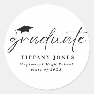 Modern Graduate White Script 4 Photos Graduation Classic Round Sticker